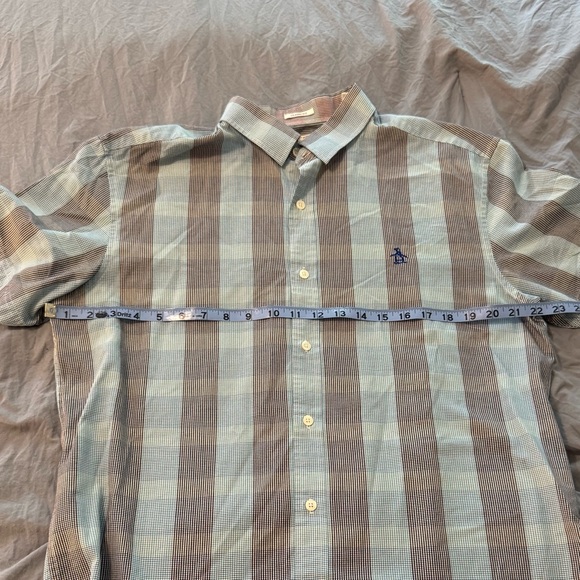 Penguin Munsingwear Mens Classic‎ SS Button Down Black Light Blue Plaid Shirt LG - Picture 5 of 8